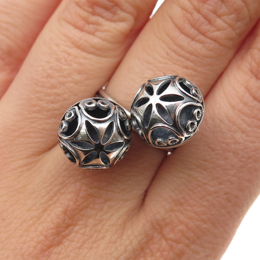 BEAU 925 Sterling Silver Vintage Ornate Ball Oxidized Adjustable Ring Size 7.5