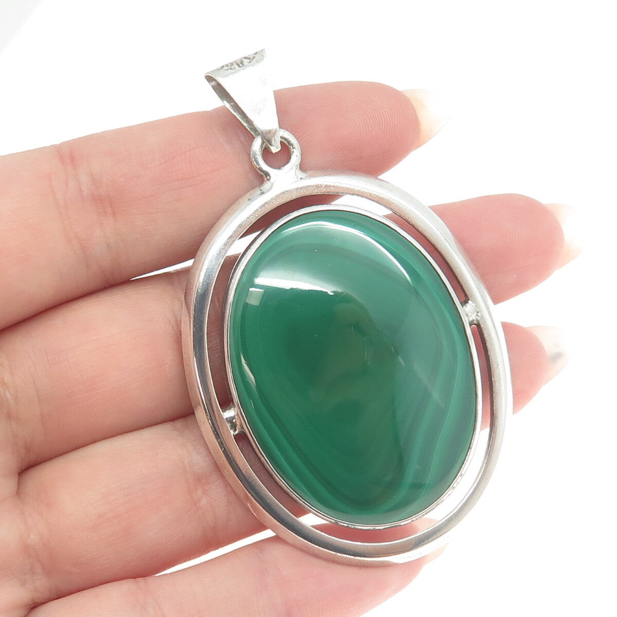 925 Sterling Silver Vintage Mexico Real Malachite Modernist Pendant