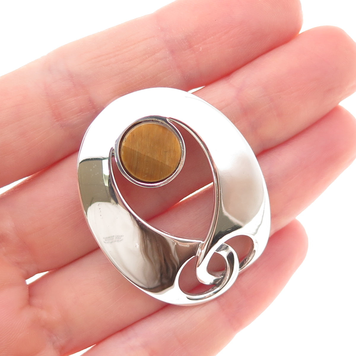 925 Sterling Silver Vintage Israel Real Tiger Eye Modernist Slide Charm Pendant