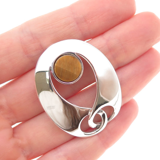 925 Sterling Silver Vintage Israel Real Tiger Eye Modernist Slide Charm Pendant