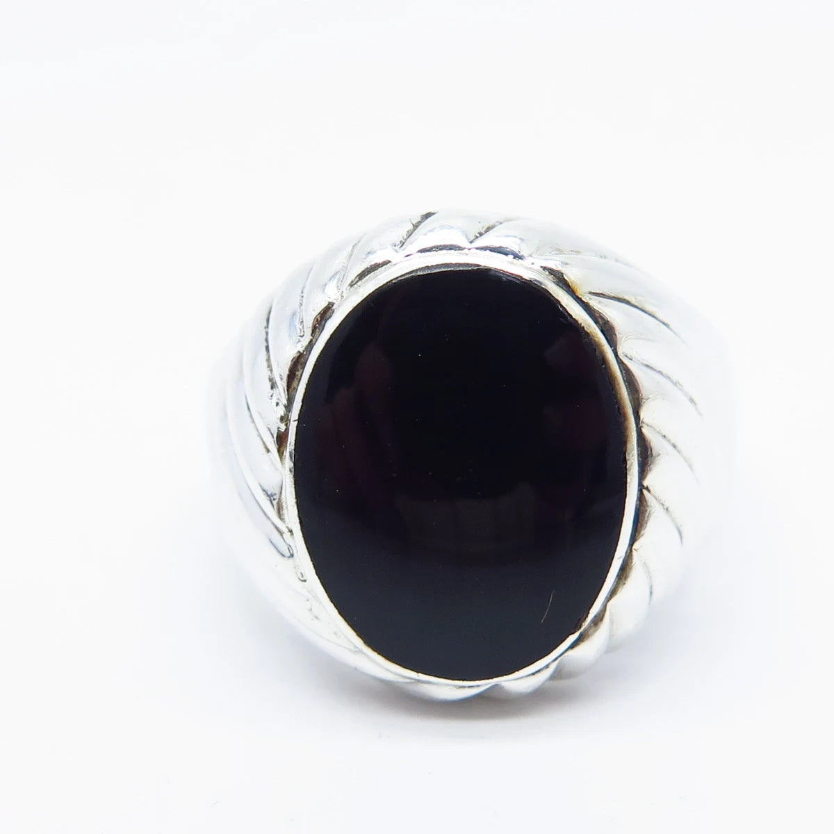 925 Sterling Silver Vintage Real Black Onyx Gemstone Ribbed Ring Size 10.25