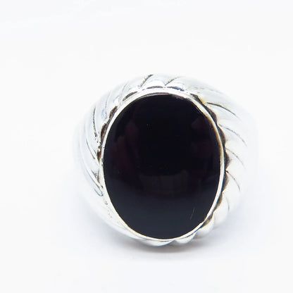 925 Sterling Silver Vintage Real Black Onyx Gemstone Ribbed Ring Size 10.25