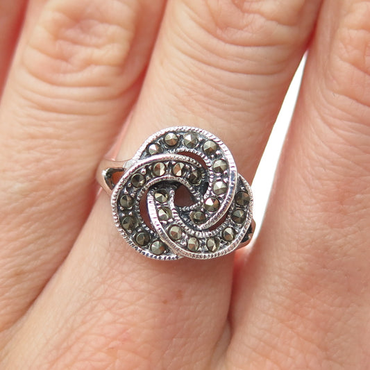 925 Sterling Silver Vintage Real Marcasite Celtic Trinity Oxidized Ring Size 7