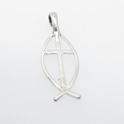 925 Sterling Silver Vintage Ichthys Symbol Cross Religious Pendant