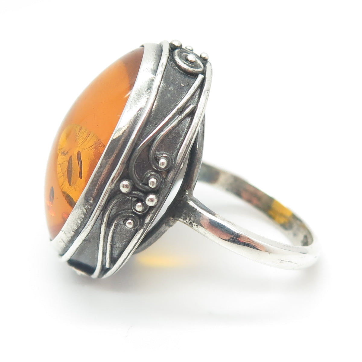 925 Sterling Silver Vintage Real Large Amber Ring Size 7