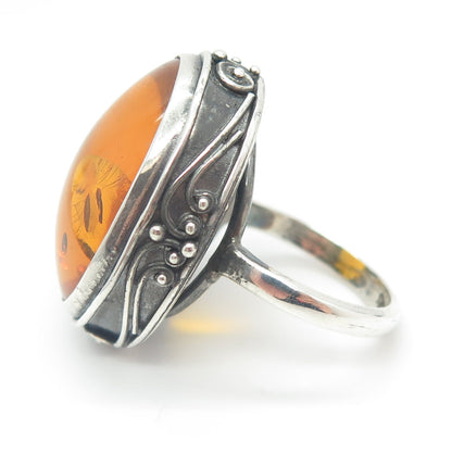 925 Sterling Silver Vintage Real Large Amber Ring Size 7