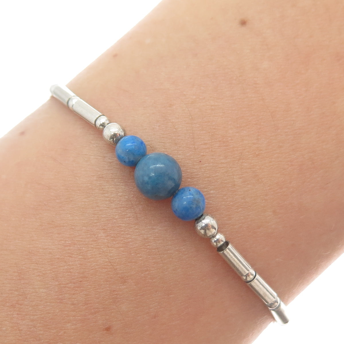 CAROLYN POLLACK Sterling Vintage Real Denim Lapis Beaded Anklet / Bracelet 10"