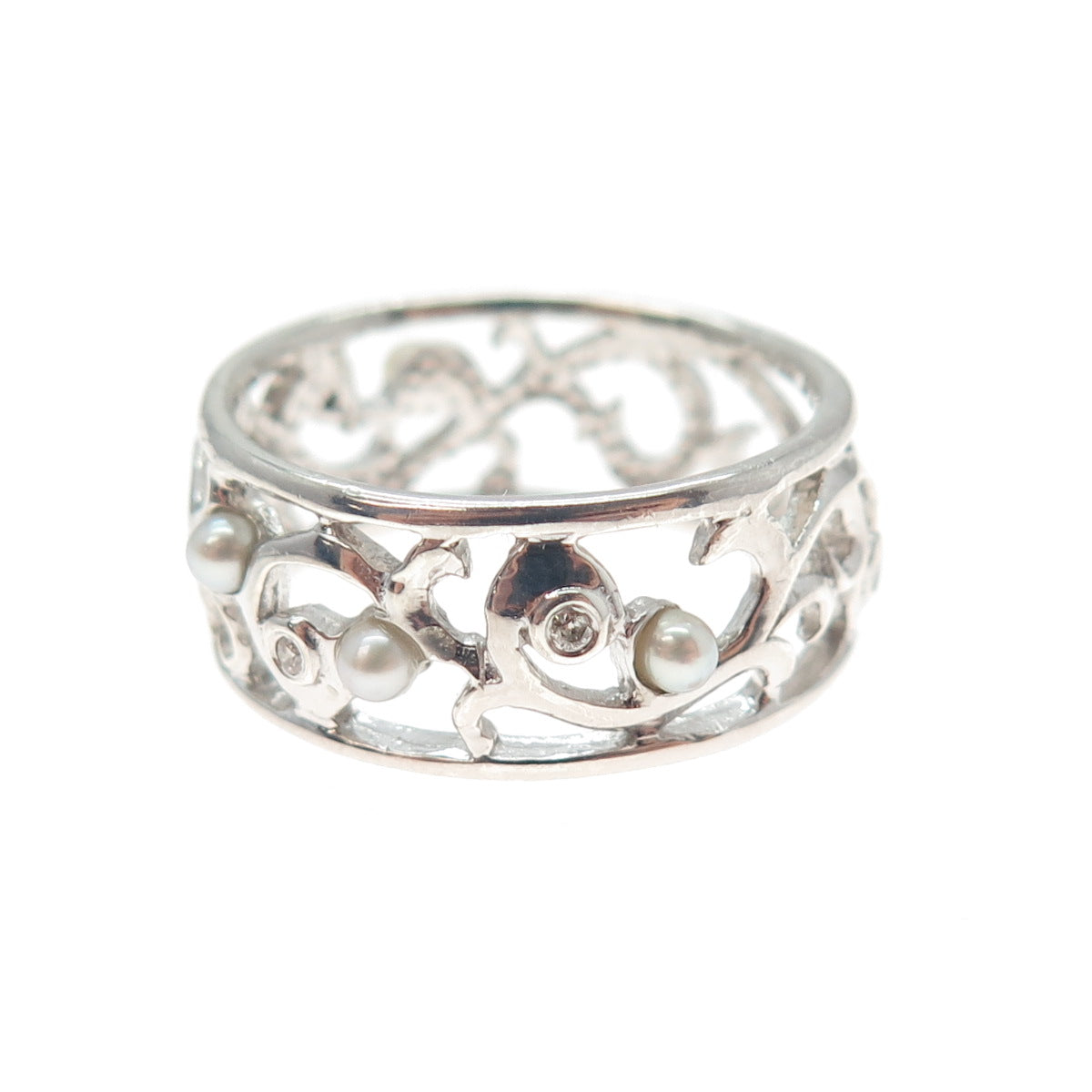 LENOX 925 Sterling Silver Real Diamond & Pearl Floral Scroll Band Ring Size 9.25