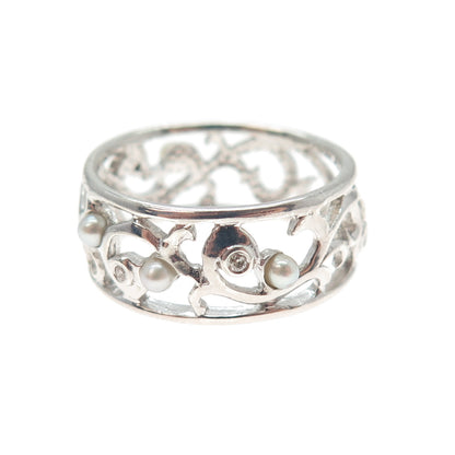 LENOX 925 Sterling Silver Real Diamond & Pearl Floral Scroll Band Ring Size 9.25
