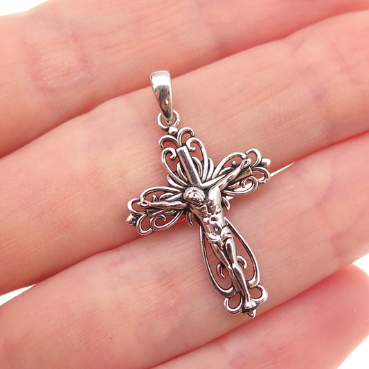 Richline Sterling Silver Vintage Crucifix Ornate Cross Oxidized Charm Pendant