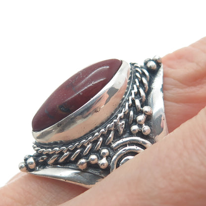 925 Sterling Silver Vintage Real Red Jasper Spiral Beaded Oxidized Ring Size 10