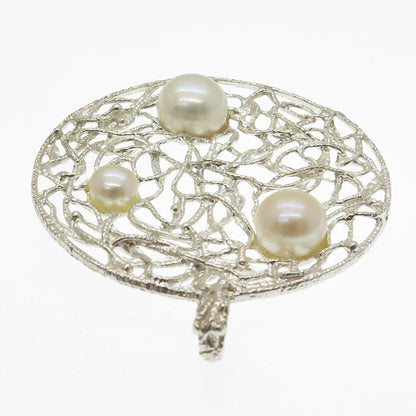 925 Sterling Silver Vintage Real Pearl Ornate Modernist Pendant