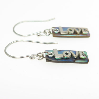 925 Sterling Silver Real Abalone Shell "LOVE" Dangling Bar Earrings