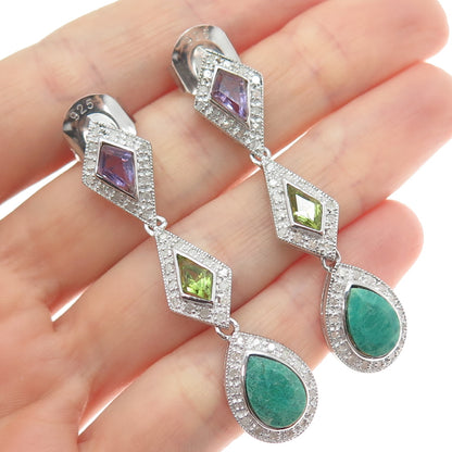 925 Sterling Silver Real Diamond Emerald Amethyst & Peridot Dangle Earrings