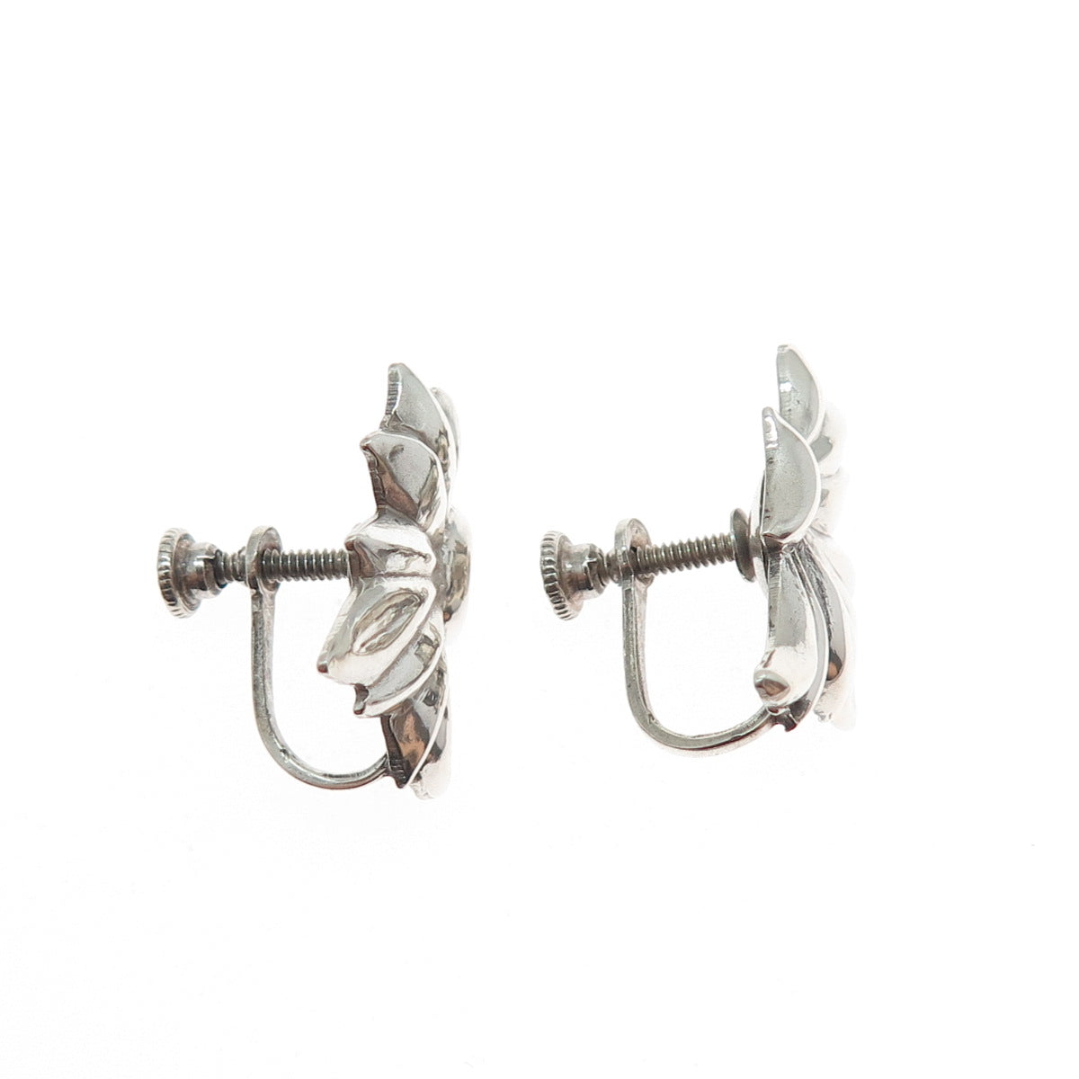 925 Sterling Silver Antique Art Deco Floral Repousse Screw Back Earrings