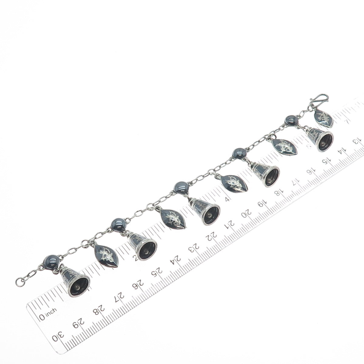 925 Sterling Silver Antique Siam Niello Hindu Goddess Bell Charm Bracelet 6.5"