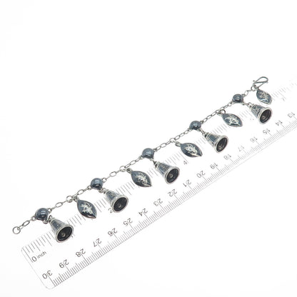 925 Sterling Silver Antique Siam Niello Hindu Goddess Bell Charm Bracelet 6.5"