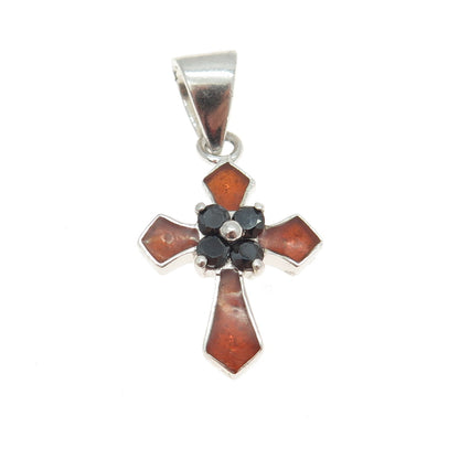 925 Sterling Silver Vintage Enamel Real Black Spinel Cross Pendant