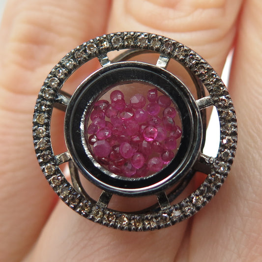 CAROL BRODIE MLD Sterling Black Rhodium Champagne Diamond & Ruby Ring Size 6.25