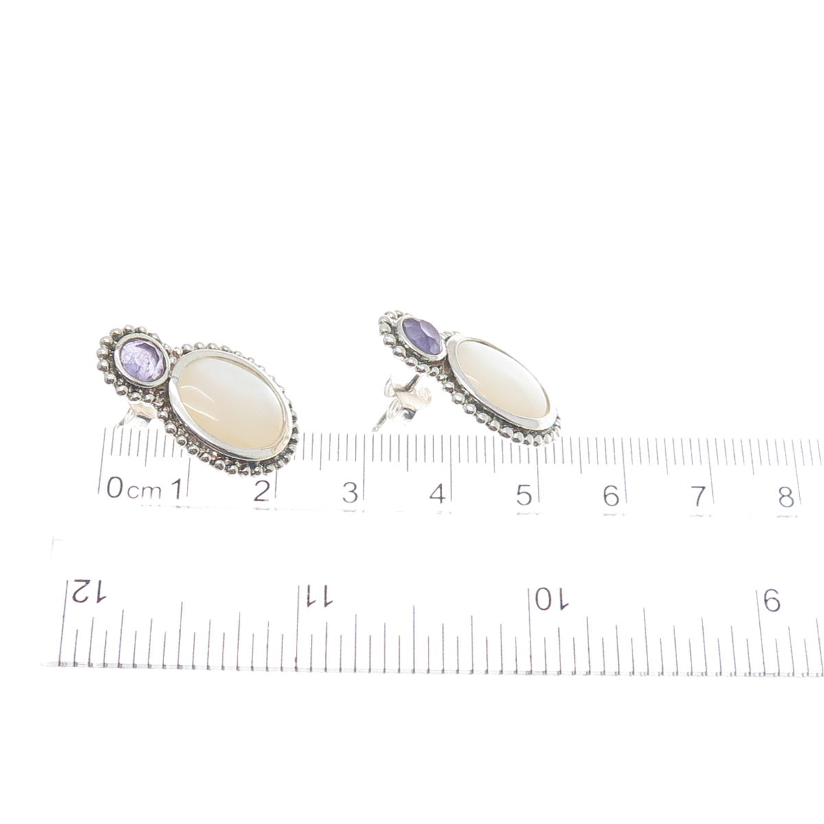 WHITNEY KELLY 925 Sterling Silver Vintage Real MOP & Amethyst Modernist Earrings