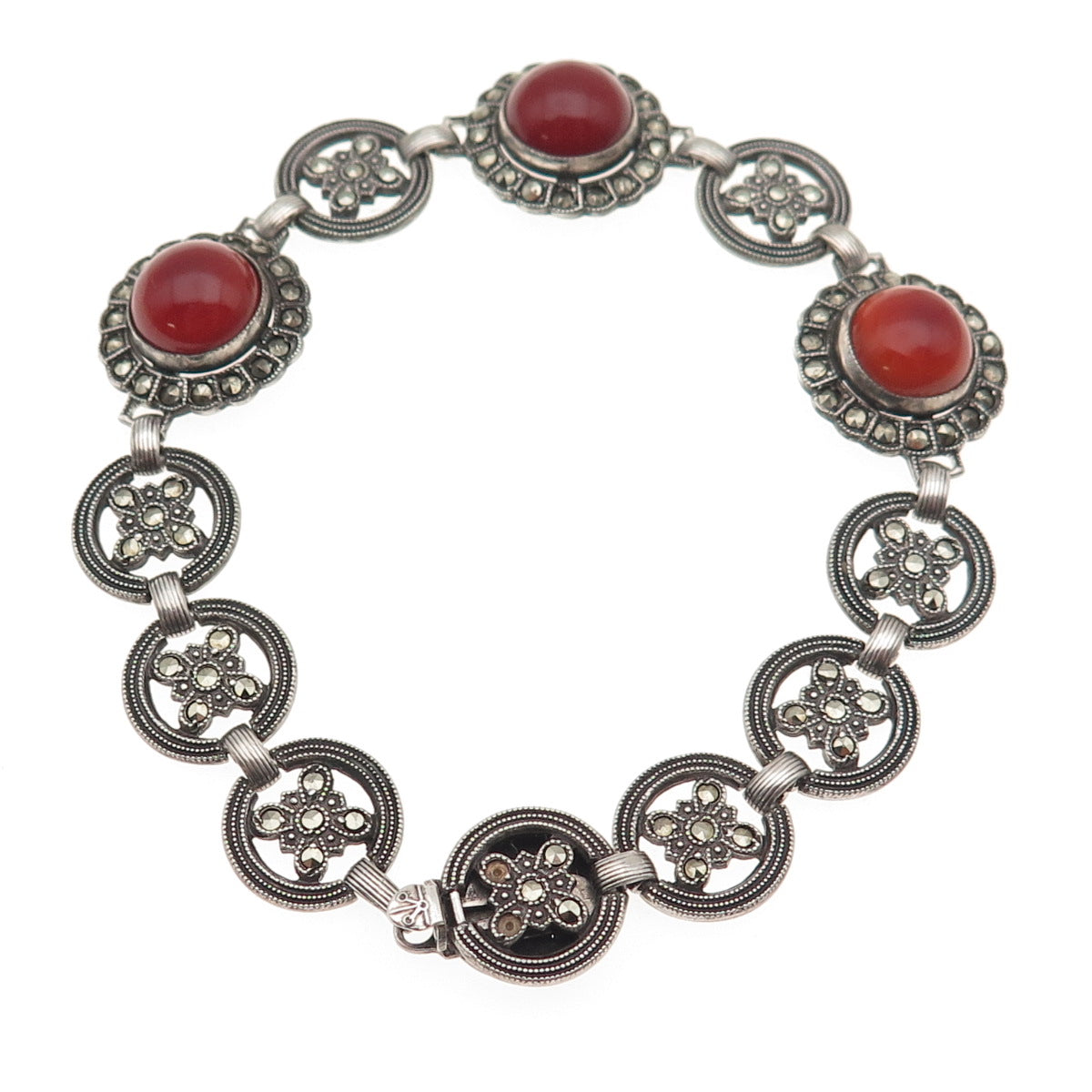 925 Sterling Antique Real Carnelian & Marcasite Bracelet 7.5" (missing 2 stones)