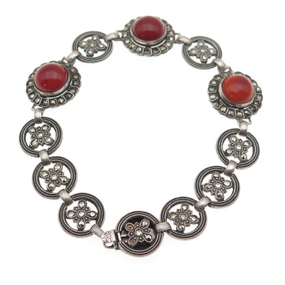 925 Sterling Antique Real Carnelian & Marcasite Bracelet 7.5" (missing 2 stones)