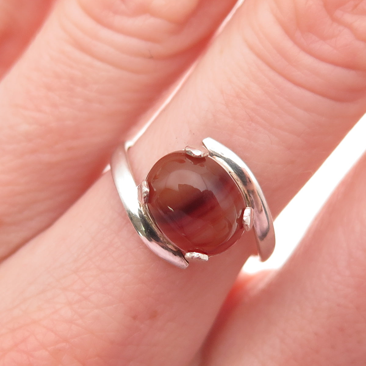 925 Sterling Silver Vintage Real Agate Modernist Bypass Ring Size 5.75