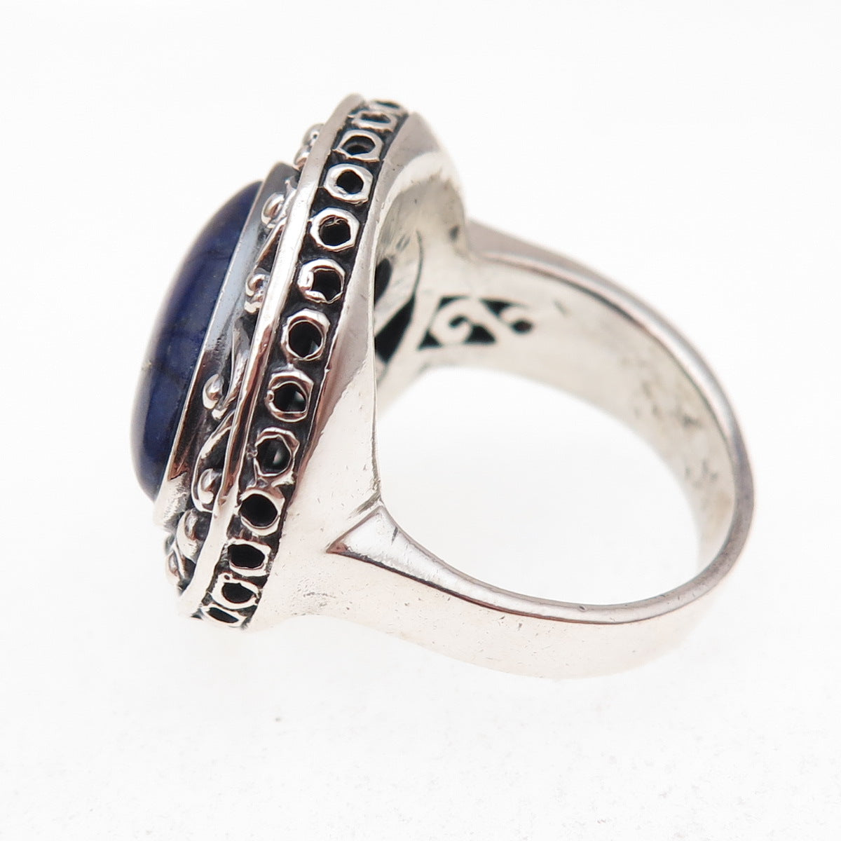 925 Sterling Silver Vintage Real Lapis Modernist Scroll Oxidized Ring Size 7