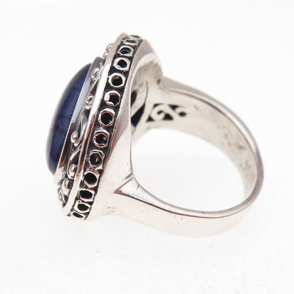 925 Sterling Silver Vintage Real Lapis Modernist Scroll Oxidized Ring Size 7