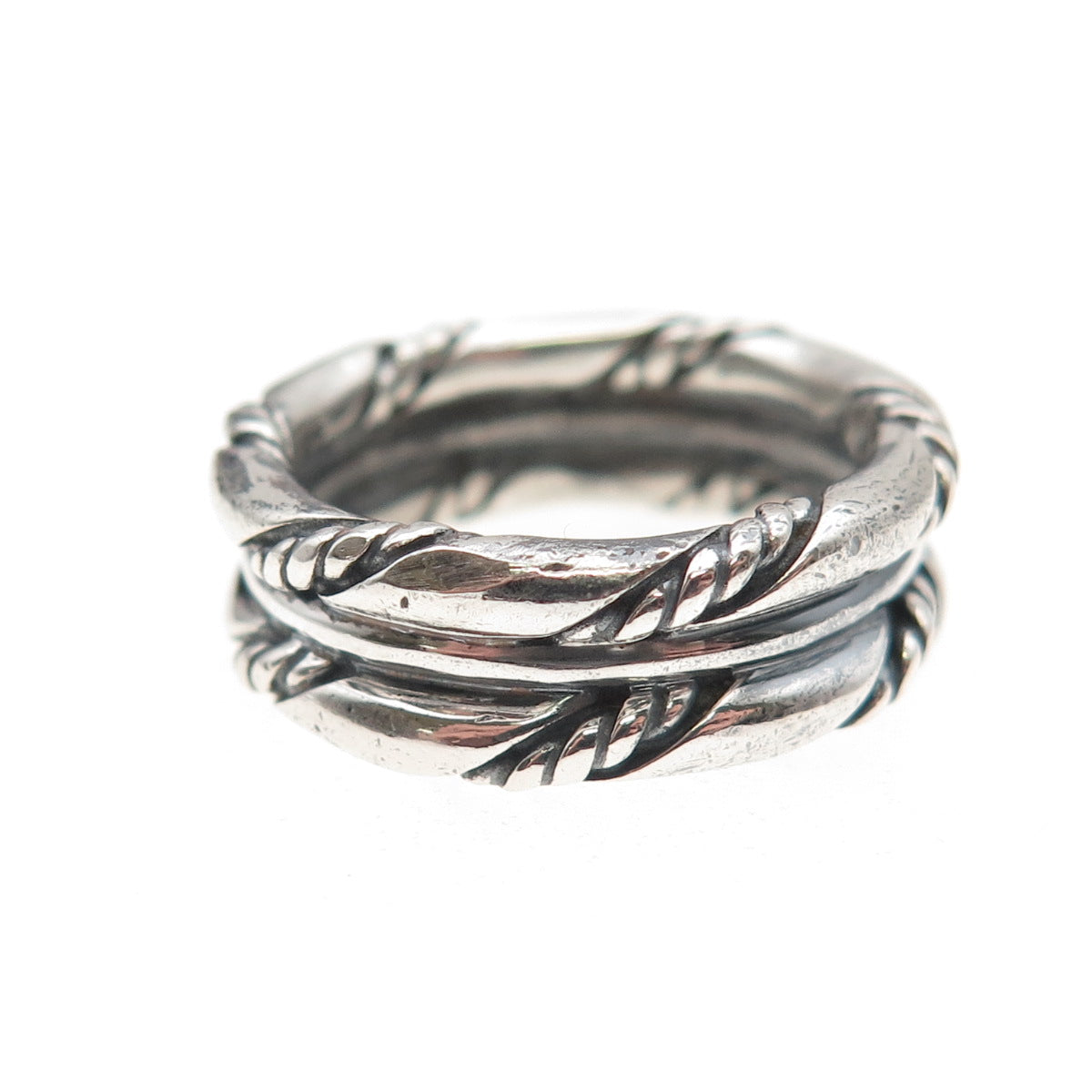 925 Sterling Silver Vintage Twisted Rope 2-Row Oxidized Band Ring Size 7