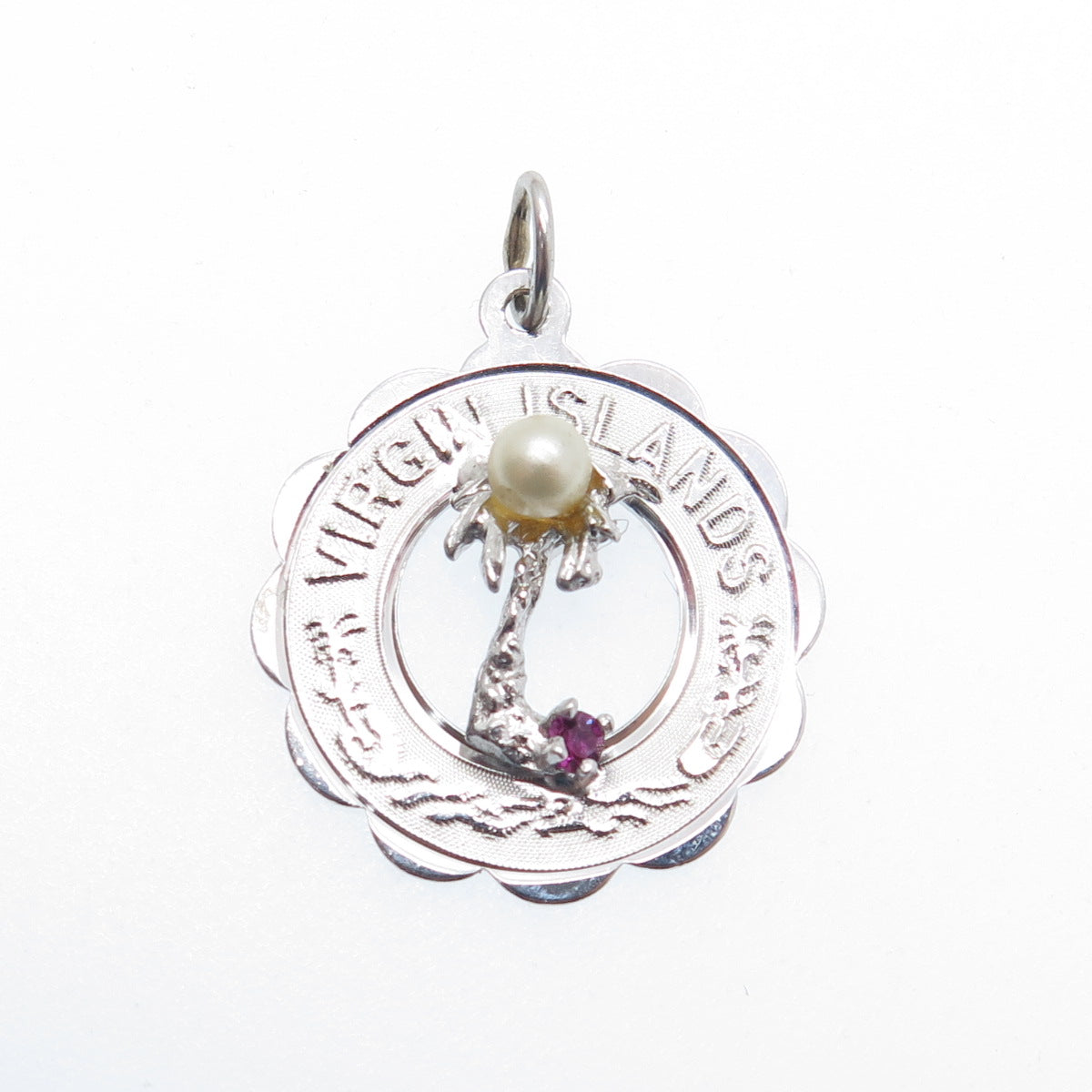 CREA 925 Sterling Silver Vintage Faux Pearl & Rhinestone Virgin Island Pendant