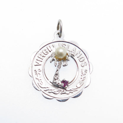 CREA 925 Sterling Silver Vintage Faux Pearl & Rhinestone Virgin Island Pendant