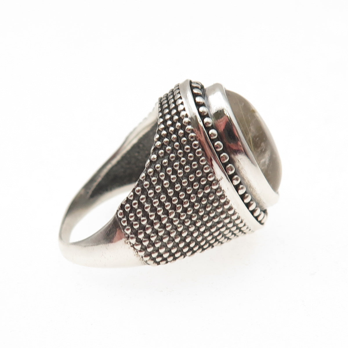925 Sterling Vintage Real Rutilated Quartz Granulated Oxidized Ring Size 7