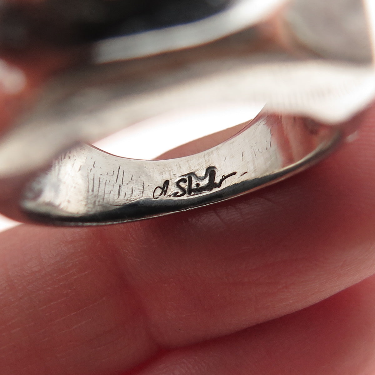 A. Skinder Sterling Silver Vintage Real Lapis Modernist Oxidized Ring Size 7.5