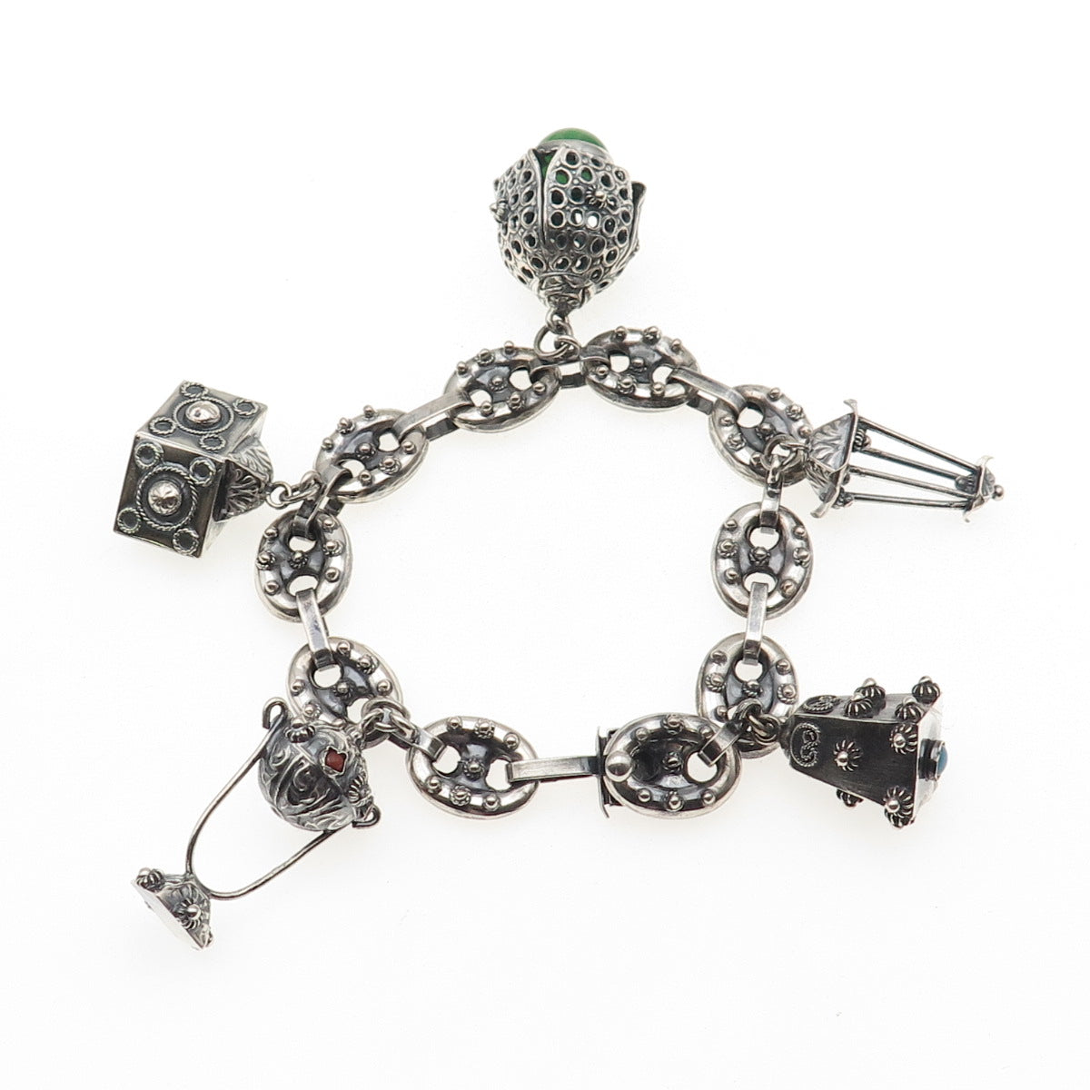 800 Silver Antique Art Deco Italian Etruscan Revival Charm Bracelet 7.25"