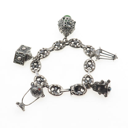 800 Silver Antique Art Deco Italian Etruscan Revival Charm Bracelet 7.25"