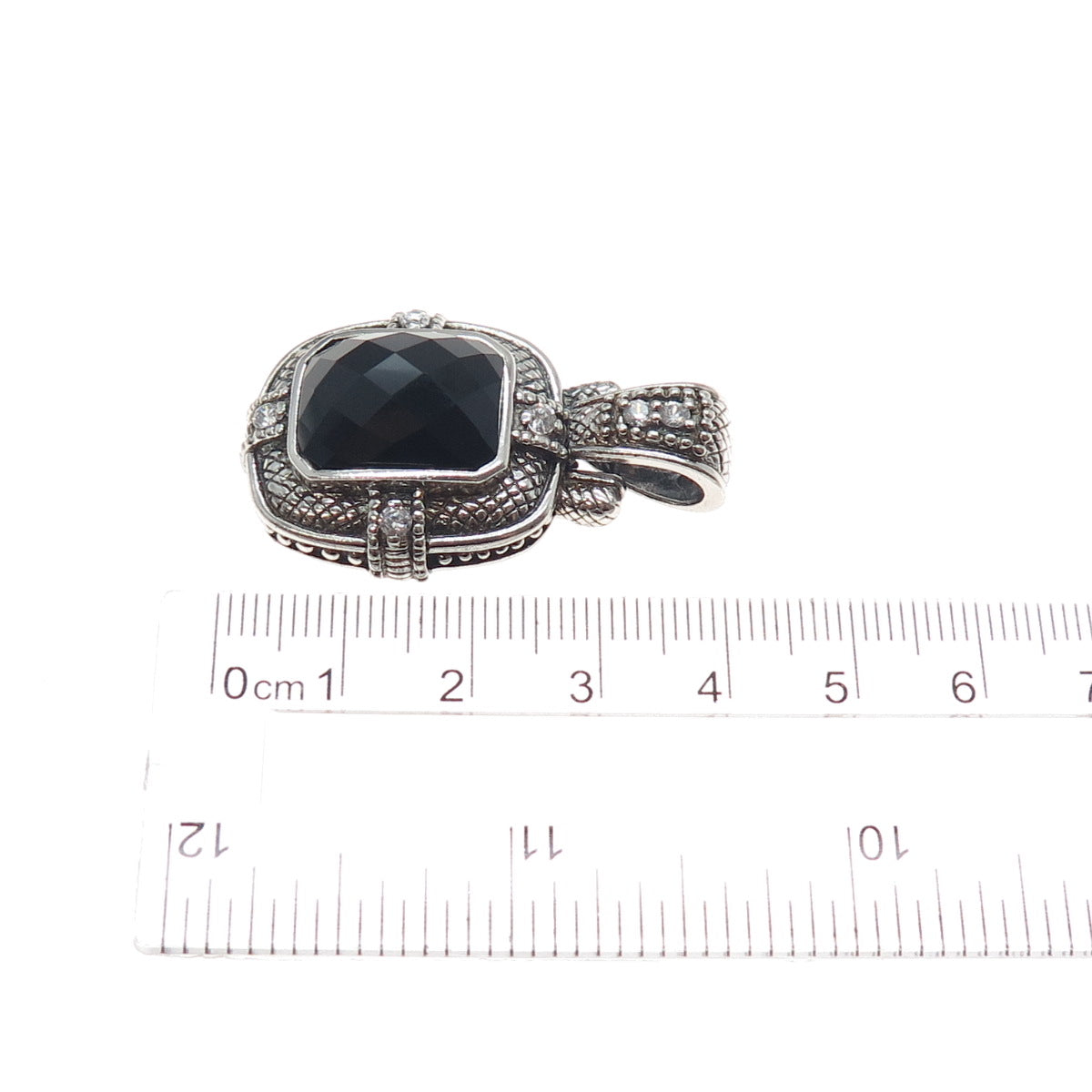 925 Sterling Silver Vintage Real Black Onyx & C Z Oxidized Charm Pendant