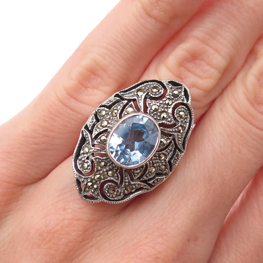 925 Sterling Silver Vintage Real Blue Topaz & Marcasite Fleur de Lis Ring Size 6