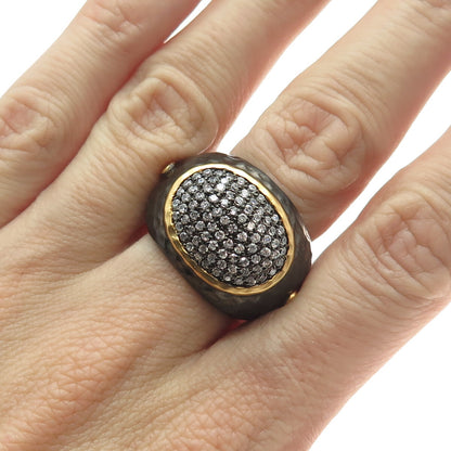 925 Sterling Silver Black Rhodium 2-Tone Pave C Z Hammered Finish Ring Size 7
