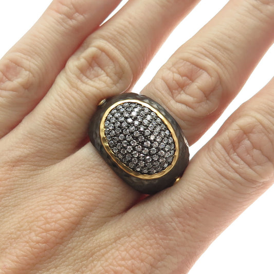 925 Sterling Silver Black Rhodium 2-Tone Pave C Z Hammered Finish Ring Size 7
