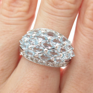 HAN 925 Sterling Silver Real Marquise & Round-Cut Blue White Topaz Ring Size 8.5