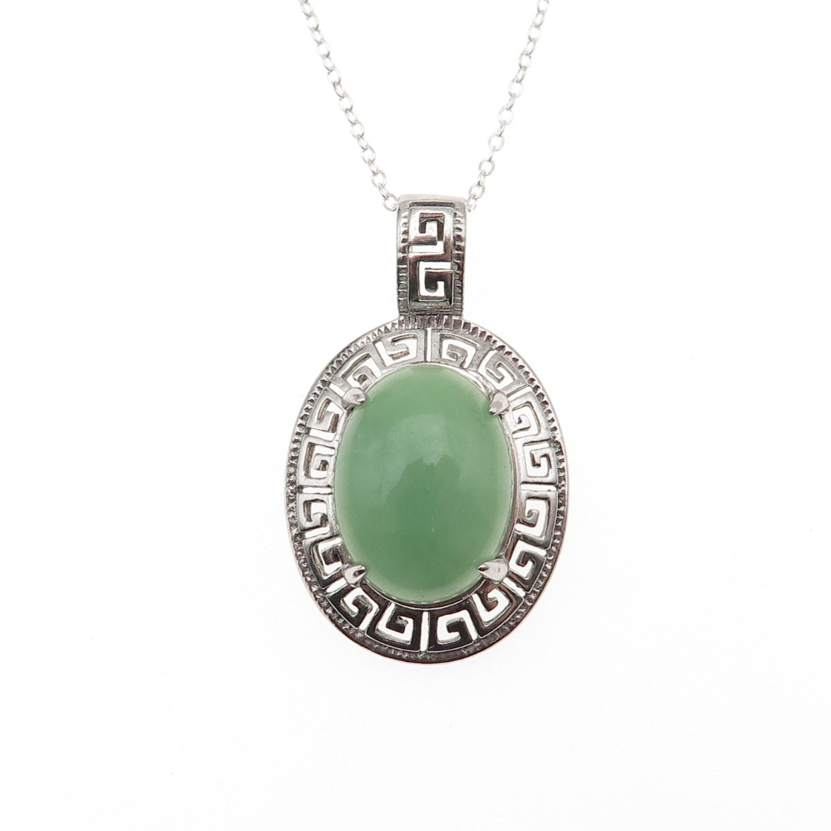 925 Sterling Silver Real Cabochon Jade Greek Key Cable Chain Necklace 18"