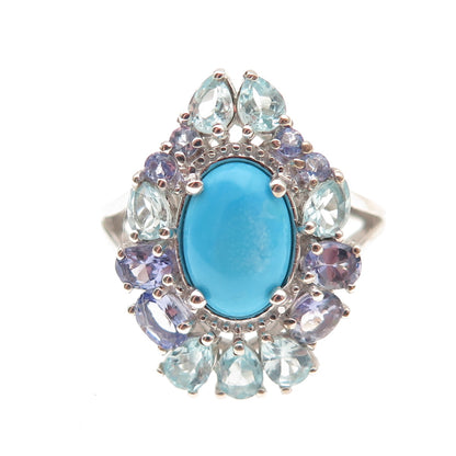 Chuck Clemency 925 Sterling Real Turquoise Tanzanite & Aquamarine Ring Size 8.25