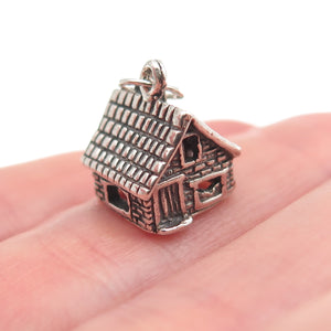 925 Sterling Silver Vintage Old House Oxidized 3D Mini Charm Pendant