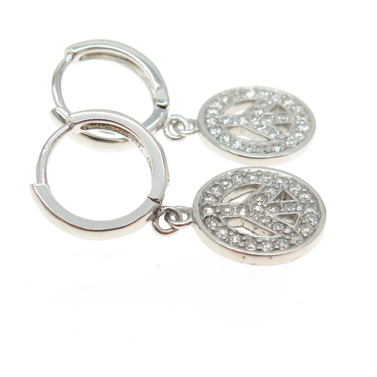 925 Sterling Silver Round-Cut C Z Peace Symbol Dangling Earrings