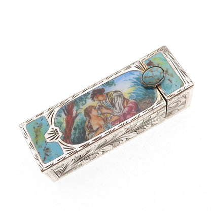 800 Silver Antique Italy Enamel Faux Turquoise Tube Slide Lipstick Case #12