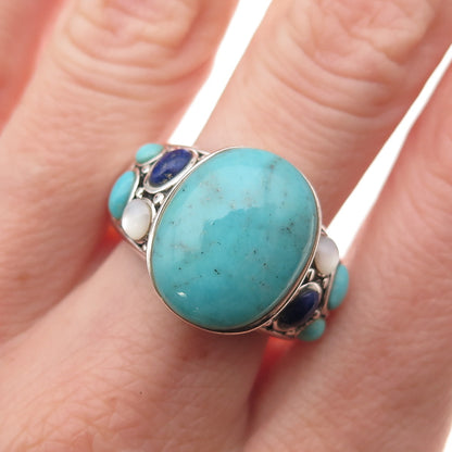 SX Sally C 925 Sterling Silver Vintage Real Turquoise Lapis MOP Ring Size 10