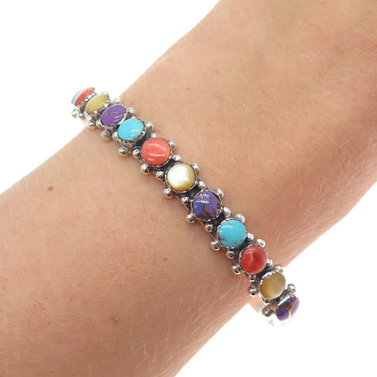 925 Sterling Vintage Real Turquoise Sugilite Coral MOP Adjustable Bracelet 6.5"
