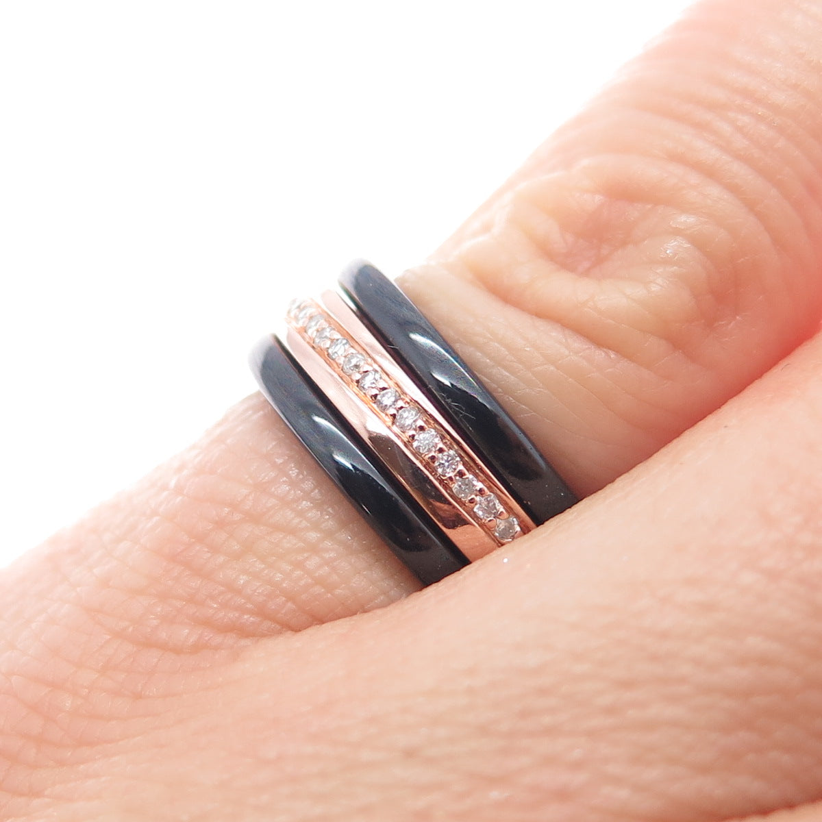 925 Sterling Silver & Ceramic Real Diamond SET of 3 Stackable Band Ring Size 6