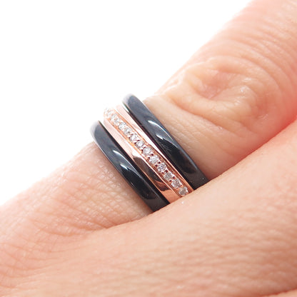 925 Sterling Silver & Ceramic Real Diamond SET of 3 Stackable Band Ring Size 6